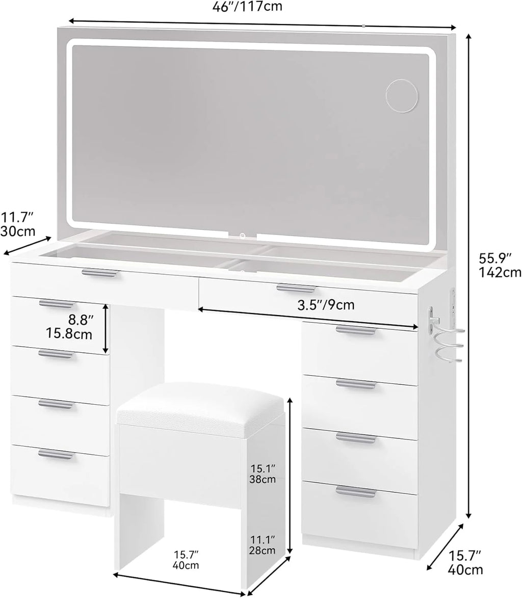 YITAHOME Vanity Set With LED Mirror, 10 Drawers, Stool, Pure White, 15.7 x 46 x 55.9 in