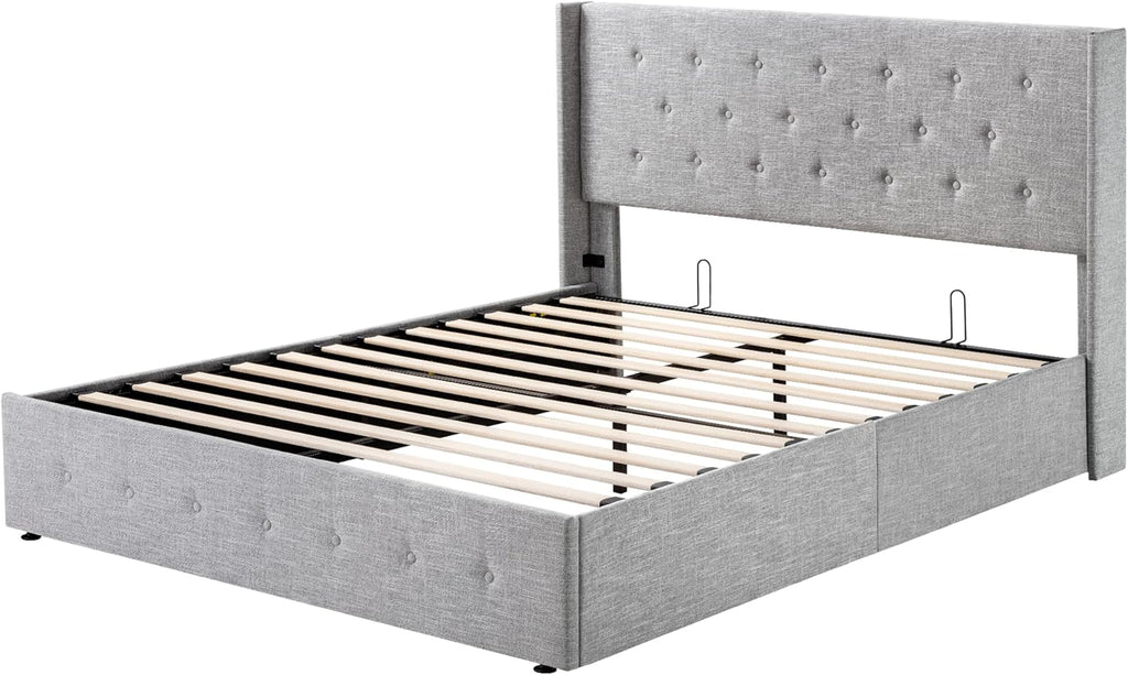 Queen Size Lift-Up Storage Bed With Wingback Headboard, Upholstered Platform Bed Frame With Hidden Storage