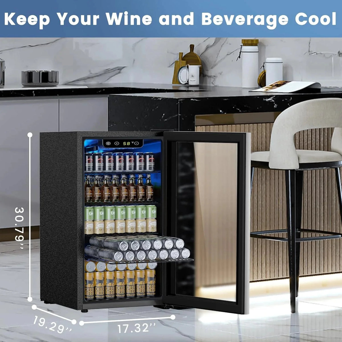 Electactic 3.2 Cu Ft 130 Can Beverage Refrigerator Cooler, Black, 19.29 x 17.32 x 30.79 inches - JC-90