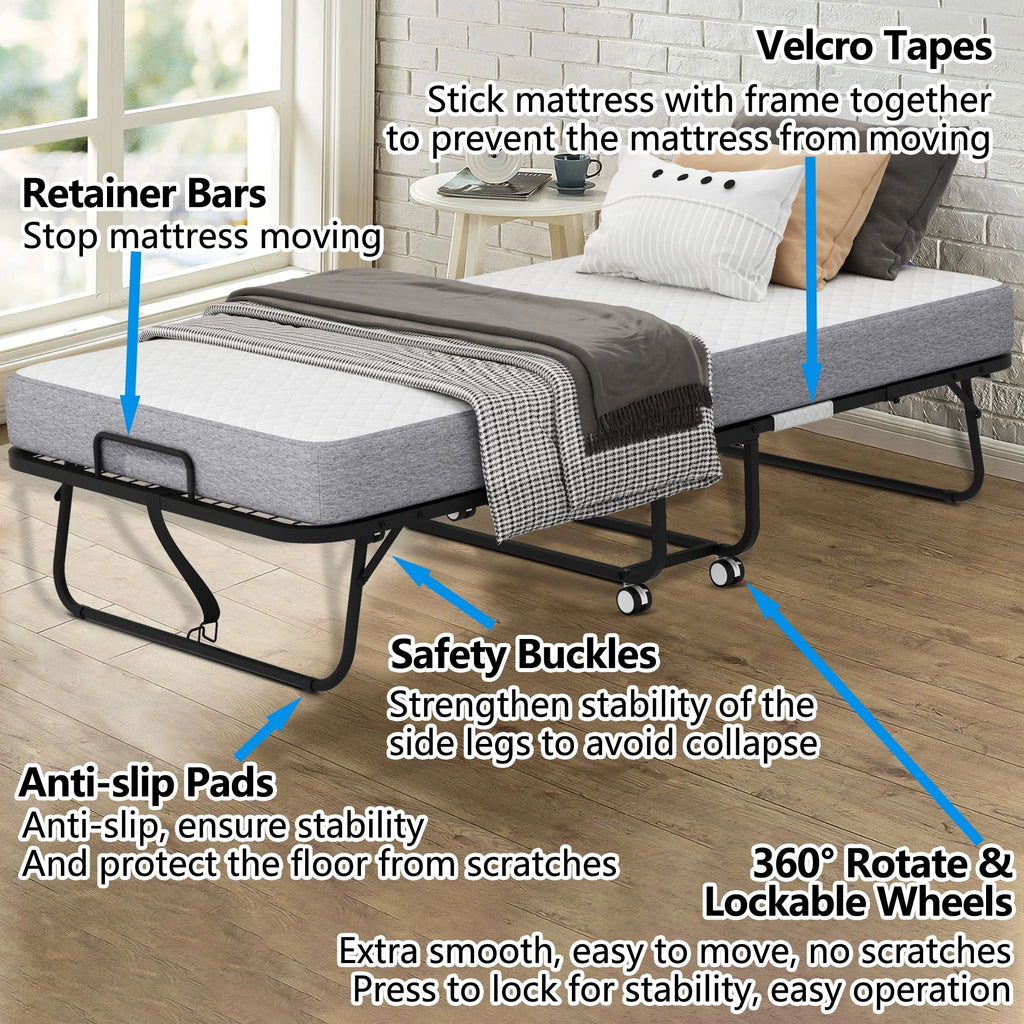 Folding Rollaway Guest Bed With 75in x 31in Cot Mattress And 5in Memory Foam