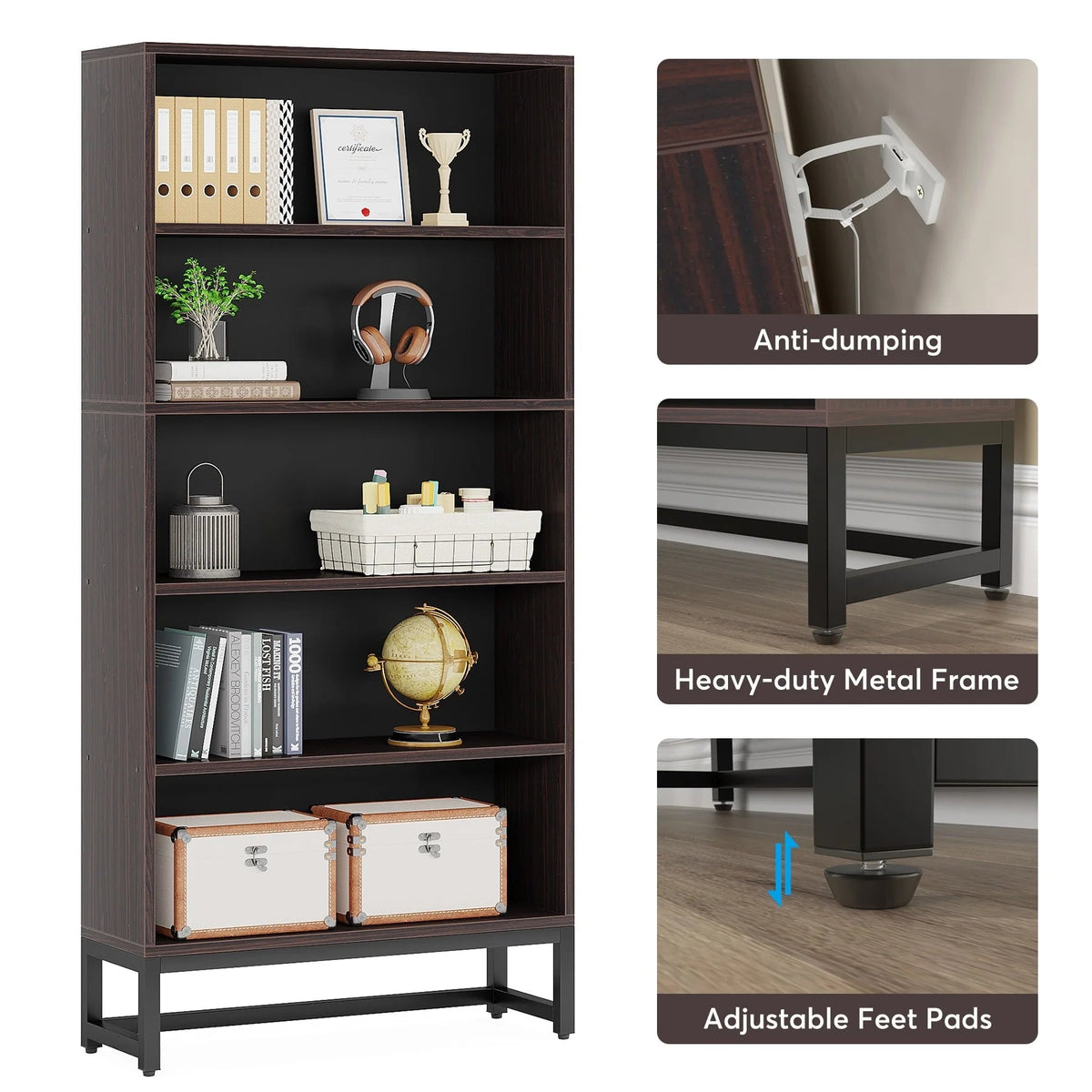 5-Tier Bookcase 31.5 Inch Wide x 11.81 Inch Deep x 70.87 Inch Tall - Sandalwood, Walnut, White, Black