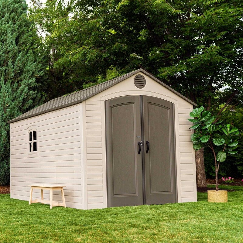 Plastic Storage Shed, 8 ft. W x 12.5 ft. D, Desert Tan And Dark Brown