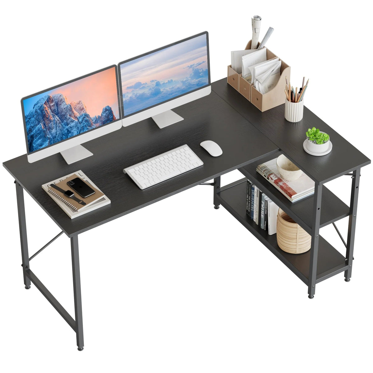 Small L-Shaped Computer Desk With Reversible Storage Shelves - 55-Inch / 47-Inch