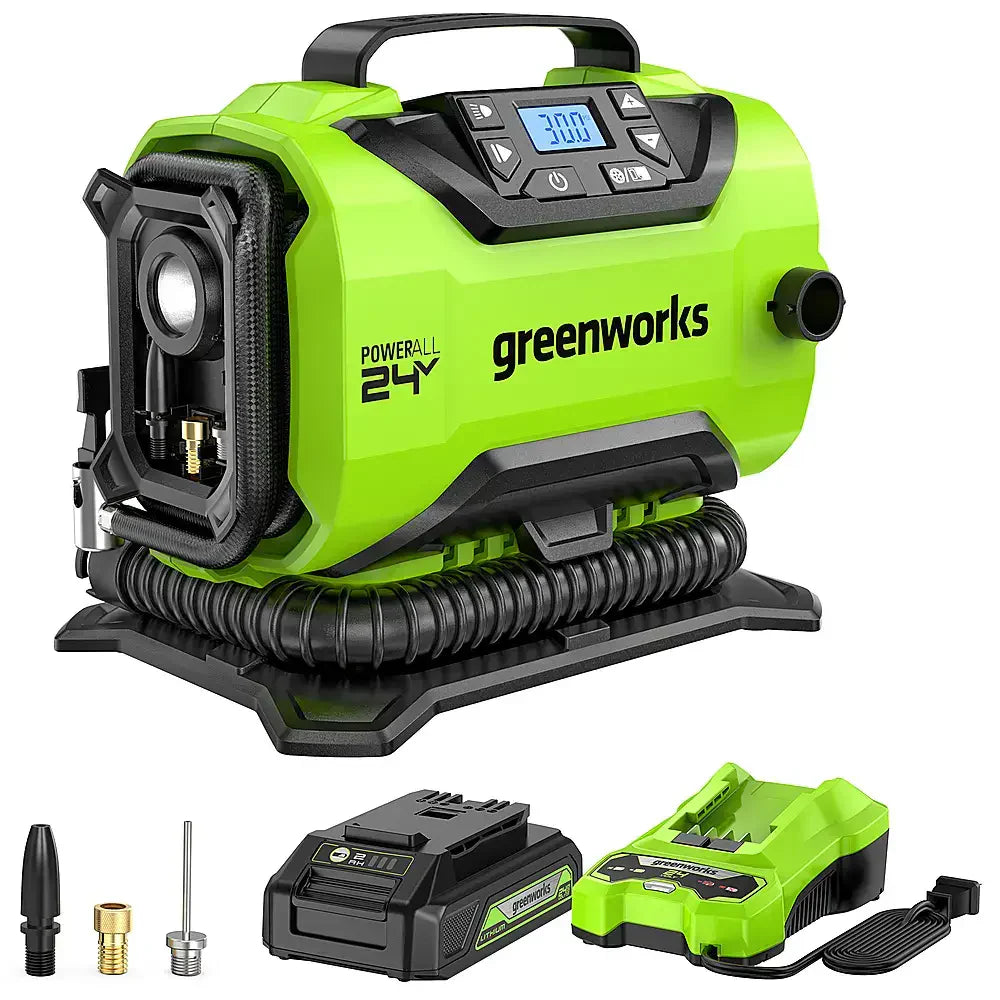 Greenworks 24 Volt 160-PSI Battery Powered Inflator With 2.0 Ah USB-C Battery And Charger - Green