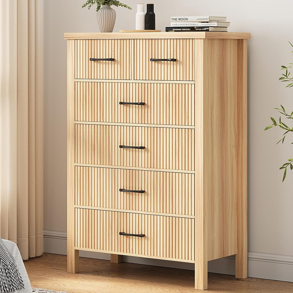 Jocoevol 6-Drawer Fluted Dresser, Natural Oak, 15.4in D x 31.5in W x 45.3in H