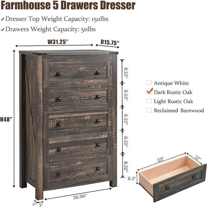 Farmhouse Engineered Wood 5-Drawer Dresser, 15.75in D x 31.25in W x 48in H