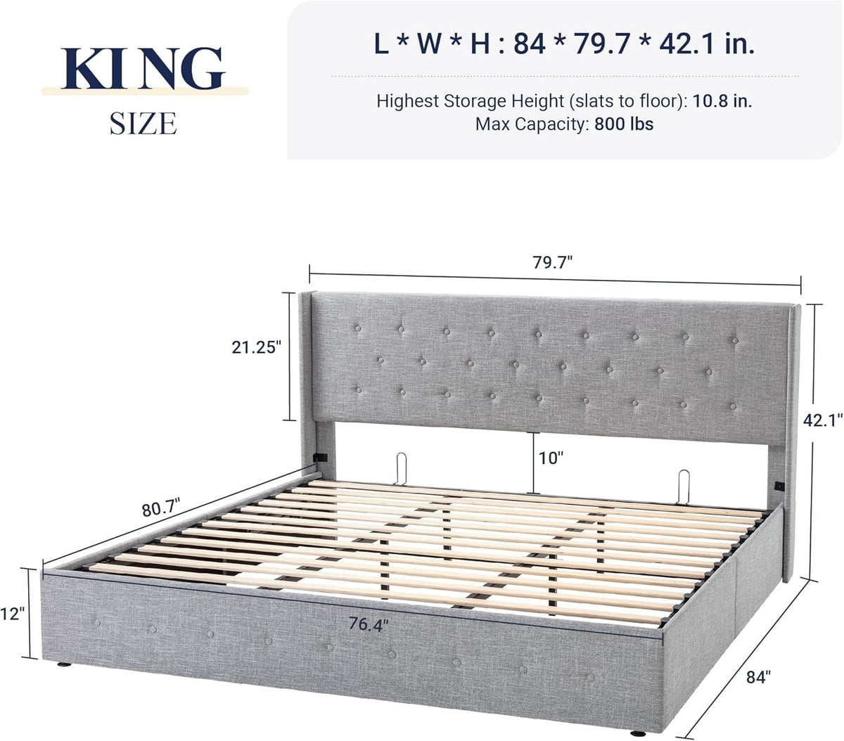 Queen Size Lift-Up Storage Bed With Wingback Headboard, Upholstered Platform Bed Frame With Hidden Storage