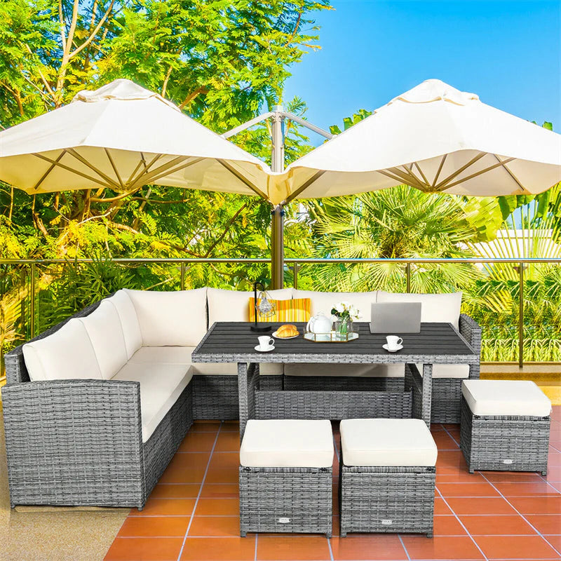 7-Piece Rattan Patio Dining Set With 3 Corner Chairs, 3 Ottomans And Table