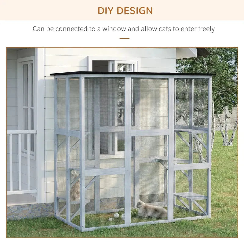 PawHut Wooden Catio Enclosure With 6 Platforms, 71 In. x 38.5 In. x 71 In.