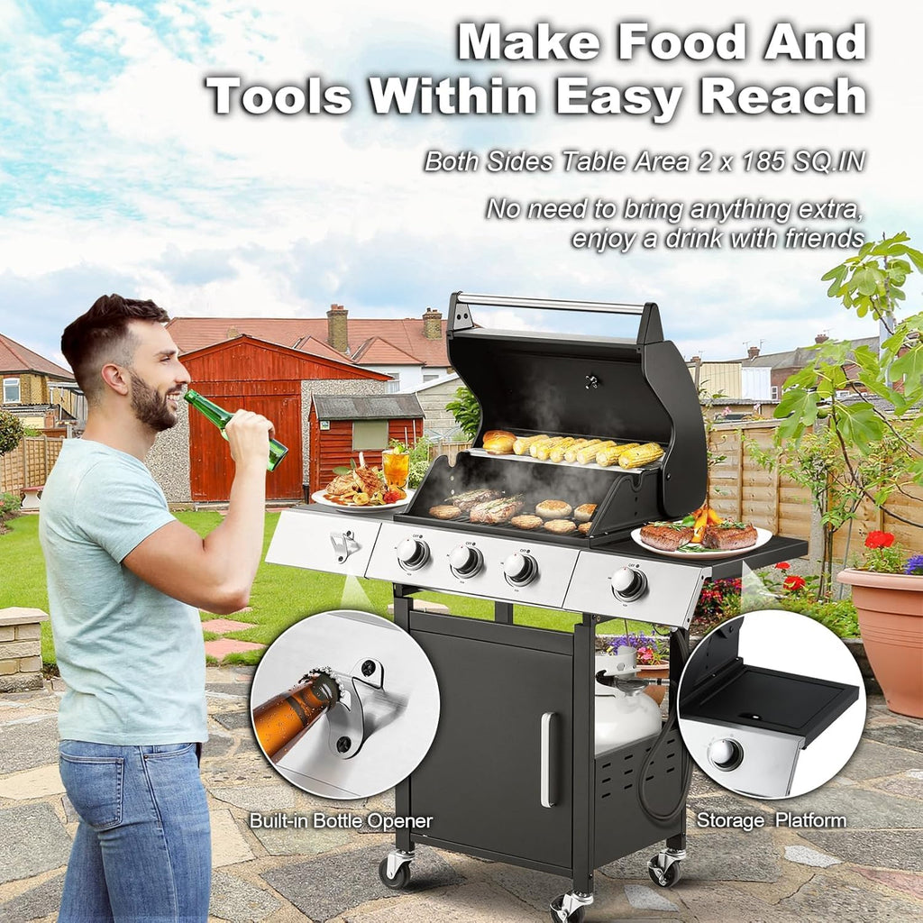 MELLCOM 4 Burner Propane Gas Grill With Cast Iron Grates And Side Stove, 44,000 BTU, Black - BBQ-4+1