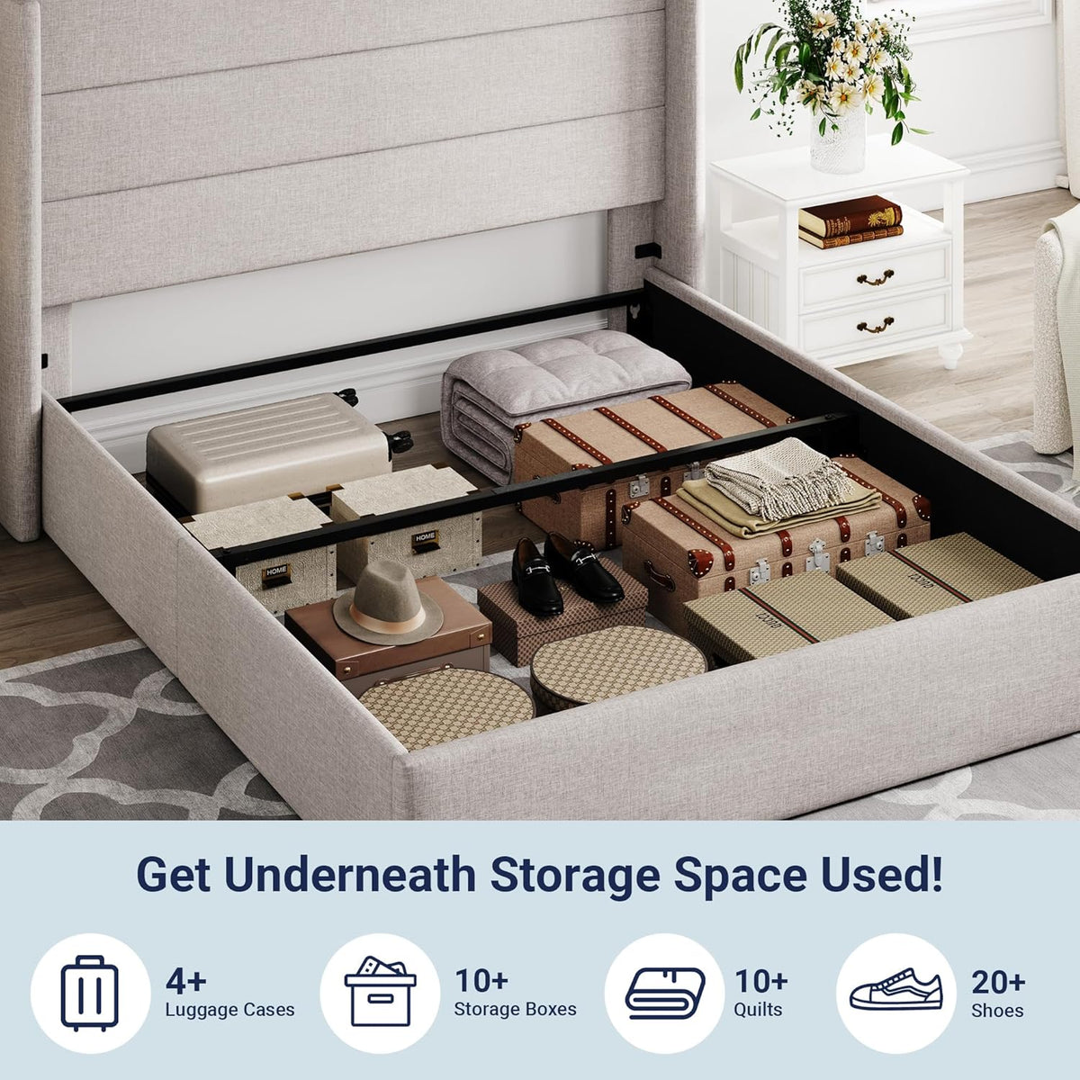 Queen Size Lift-Up Storage Bed With Wingback Headboard, Upholstered Platform Bed Frame With Hidden Storage