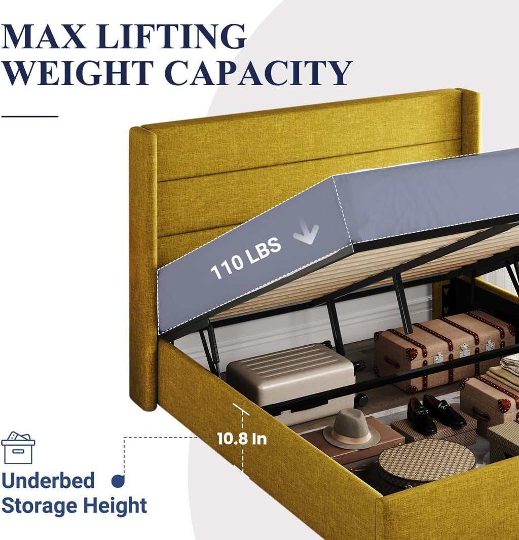 Queen Size Lift-Up Storage Bed With Wingback Headboard, Upholstered Platform Bed Frame With Hidden Storage
