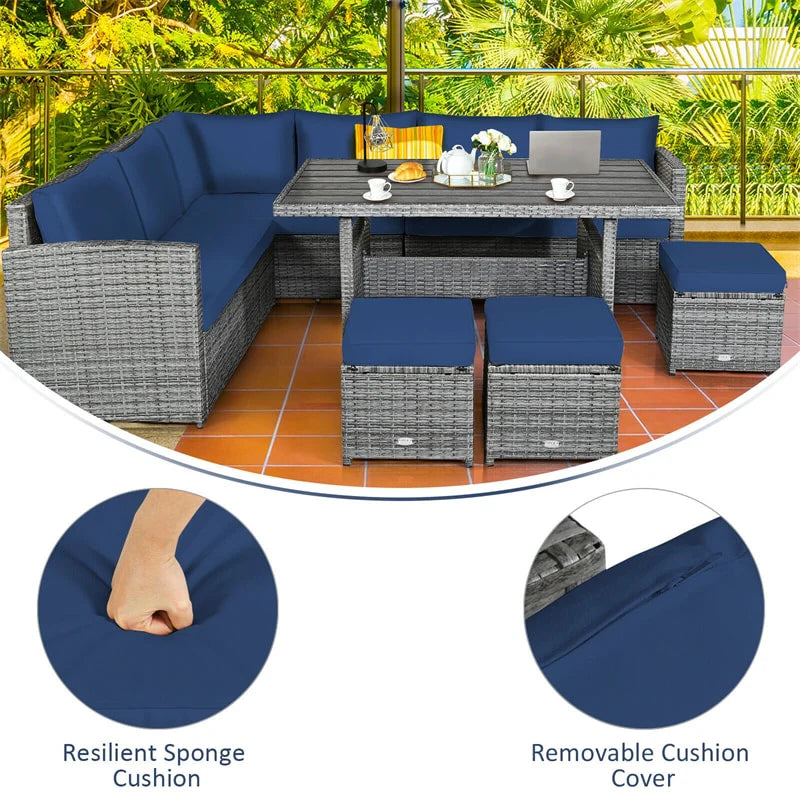 7-Piece Rattan Patio Dining Set With 3 Corner Chairs, 3 Ottomans And Table