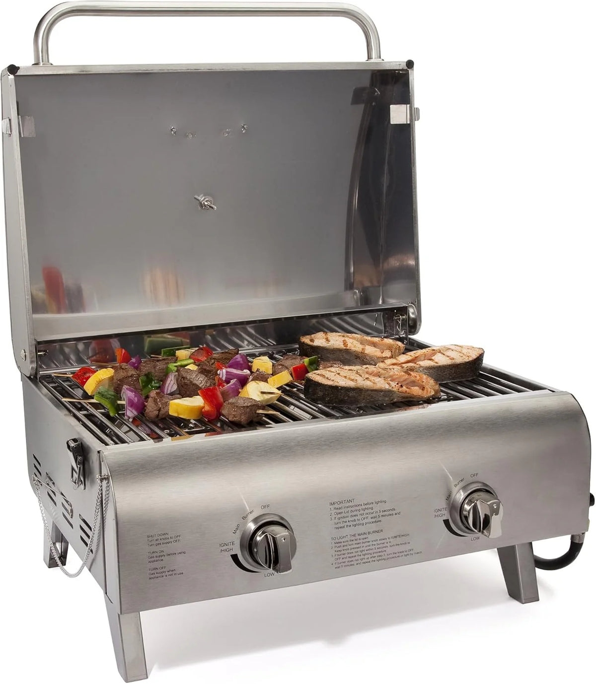 Chef's Style Tabletop Portable Propane Gas Grill, Stainless Steel, 2 Burners, 20,000 BTUs, 275 Square Inches