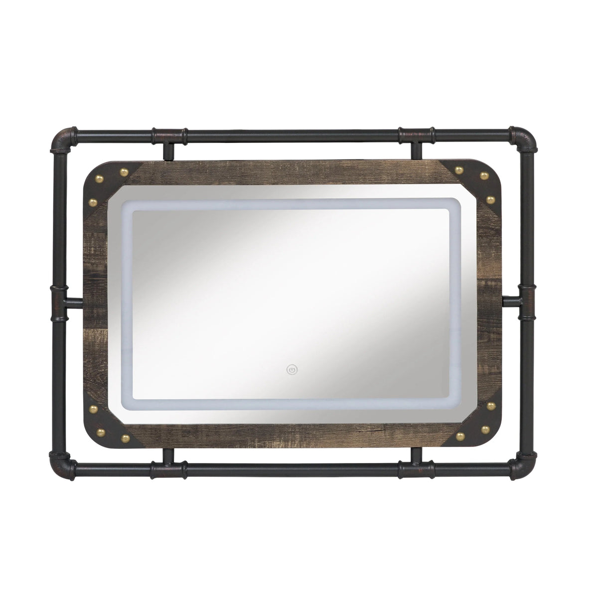 Industrial Metal Wall Mirror With LED Lights, 23.63in H x 31.5in W x 1.5in D