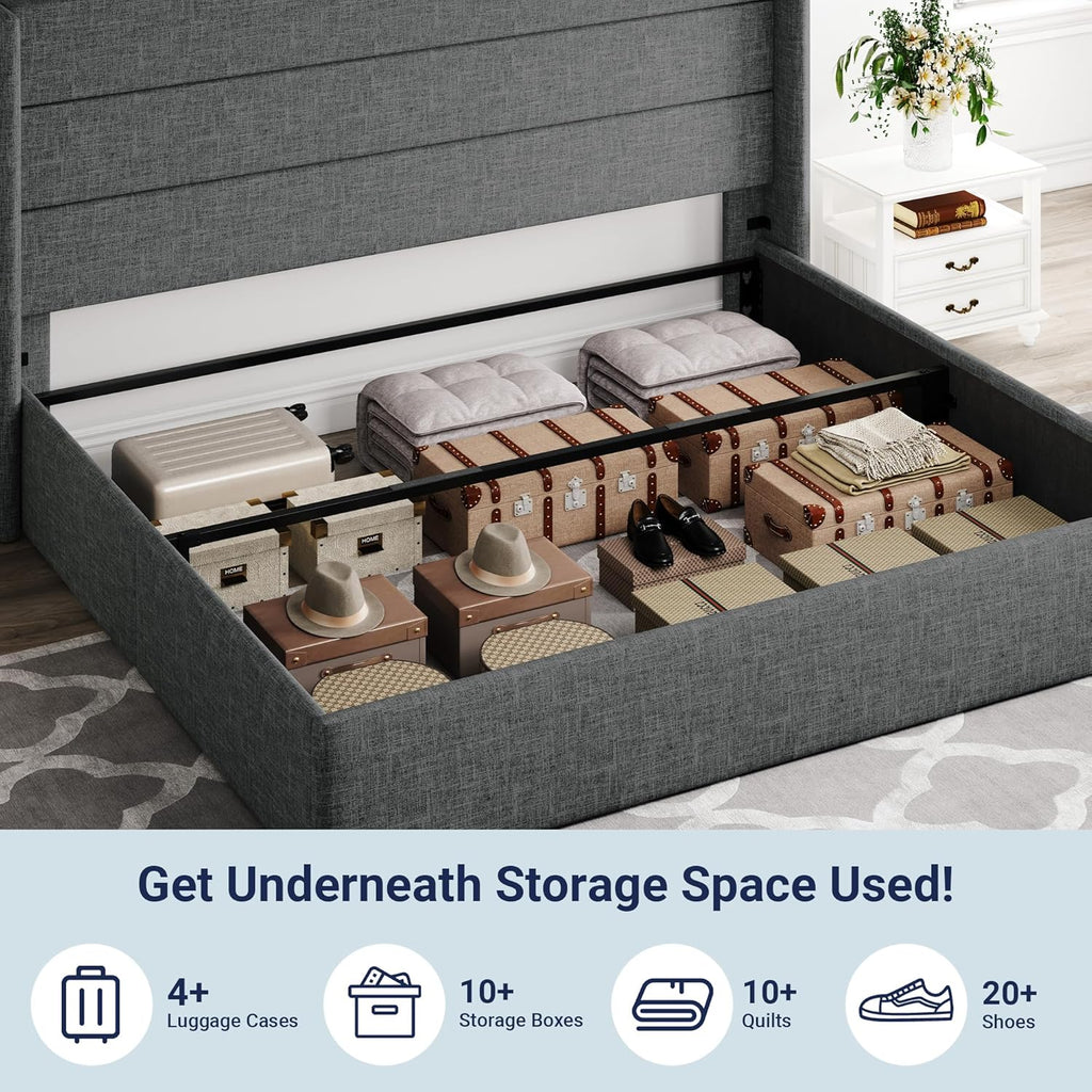 Queen Size Lift-Up Storage Bed With Wingback Headboard, Upholstered Platform Bed Frame With Hidden Storage