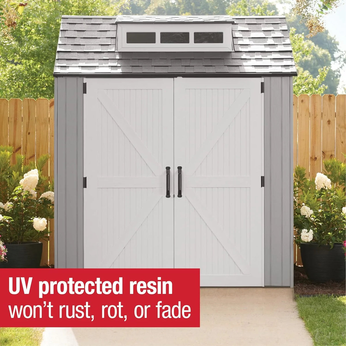 Rubbermaid Resin Outdoor Storage Shed With Floor, 7 x 7 Ft, Gray