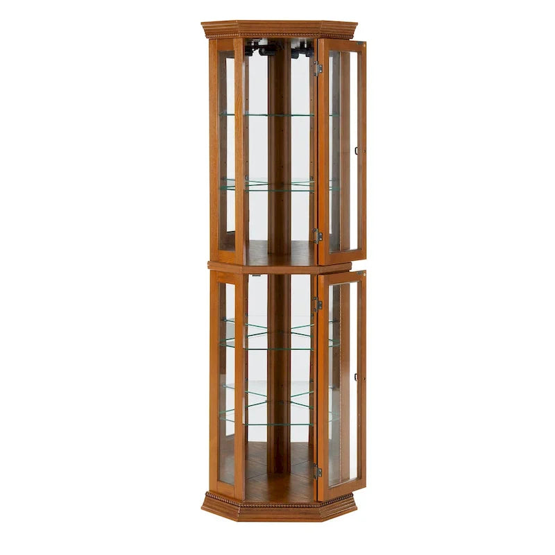 Corner Curio Display Cabinet With Lights, Mirrored Back And 6 Tempered Glass Shelves