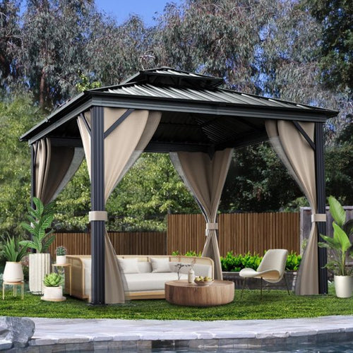 10x10 Hardtop Gazebo With Double Metal Roof, Aluminum Frame, Net And Curtain - Khaki