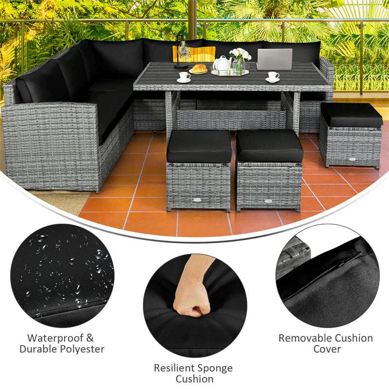7-Piece Rattan Patio Dining Set With 3 Corner Chairs, 3 Ottomans And Table
