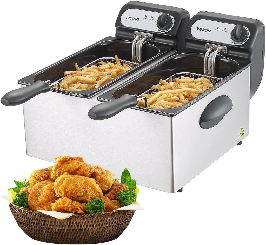 Commercial Electric Double Deep Fryer With 2 x 3L Baskets And Lids, 3000W, Stainless Steel - DF30A1N1X2