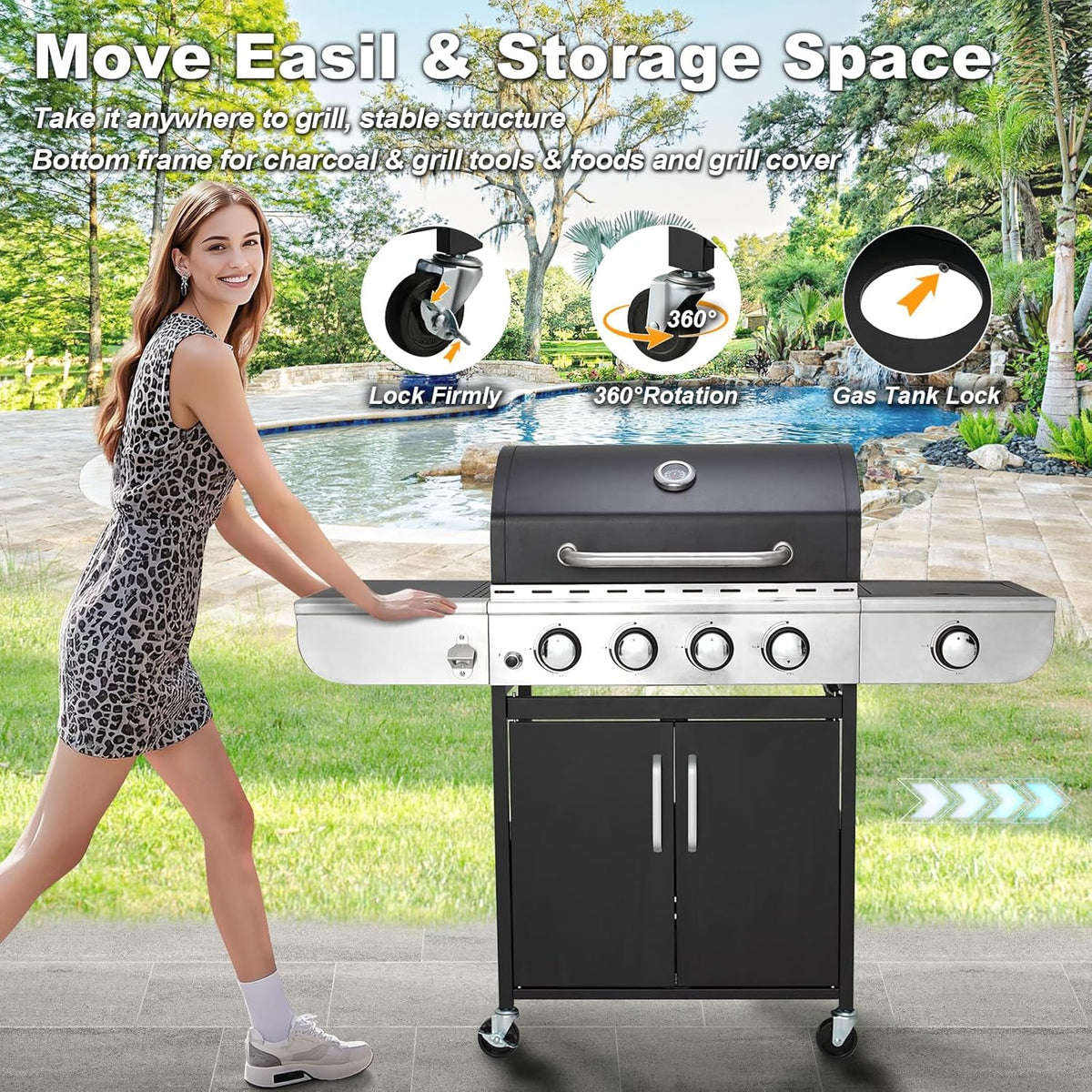 MELLCOM 4 Burner Propane Gas Grill With Cast Iron Grates And Side Stove, 44,000 BTU, Black - BBQ-4+1