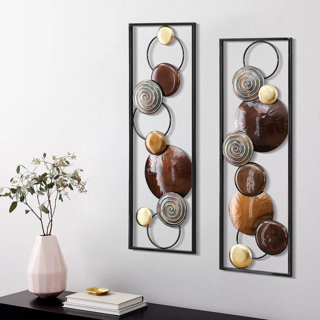 Metal Wall Decor Set, Gold And Brown, 2 Panels, 36.1 in H x 11.8 in W x 1.4 in D