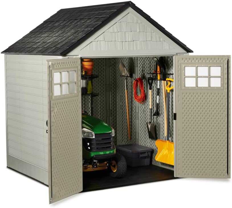 Rubbermaid Resin Outdoor Storage Shed With Floor, 7x7 ft, Gray