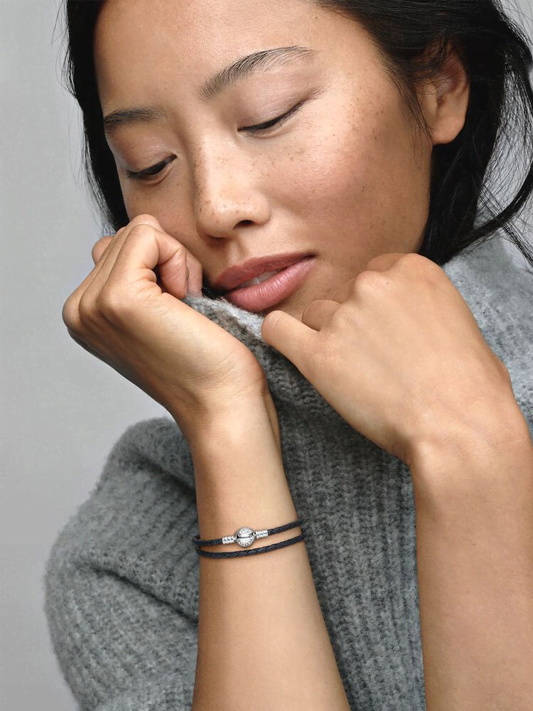 Pandora Moments Double Black Leather Bracelet