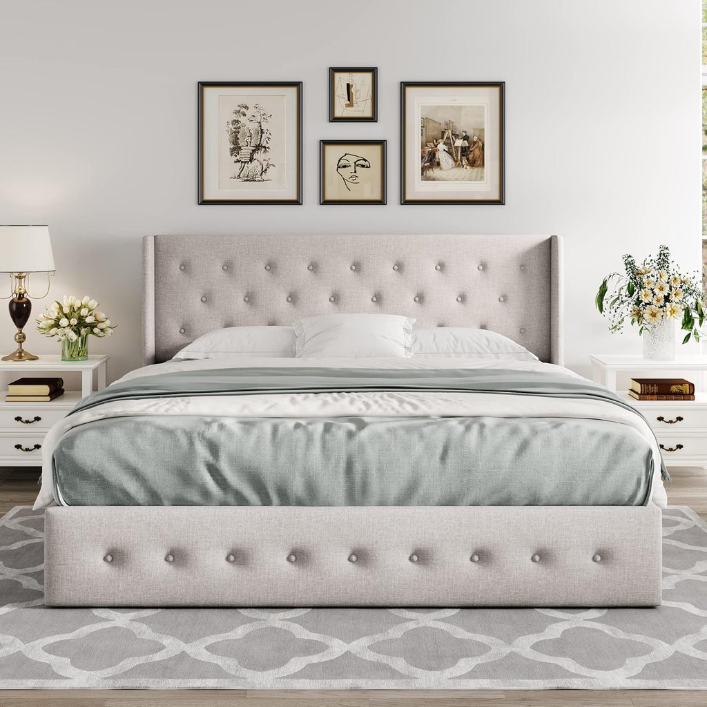 Queen Size Lift-Up Storage Bed With Wingback Headboard, Upholstered Platform Bed Frame With Hidden Storage