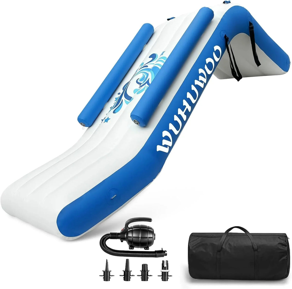 WUHUWOO Inflatable Pontoon Boat Water Slide, Blue - Electric Air Pump And Storage Bag