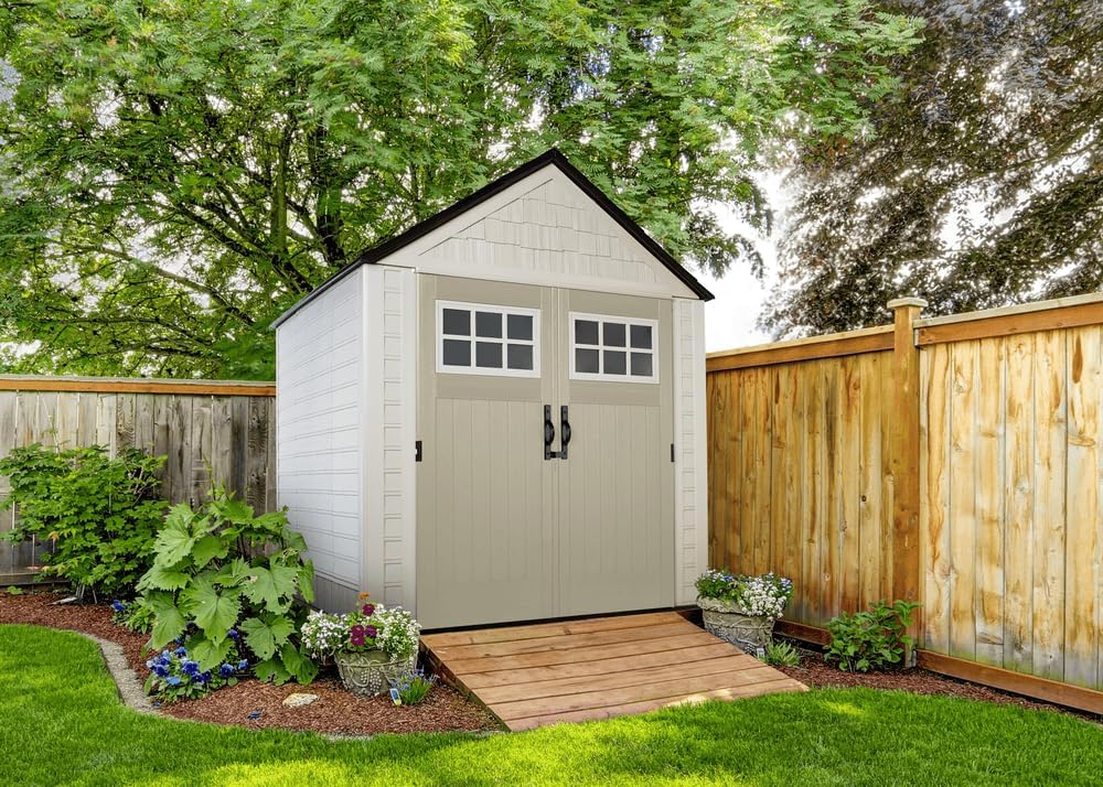 Rubbermaid Resin Outdoor Storage Shed With Floor, 7 x 7 Ft, Gray