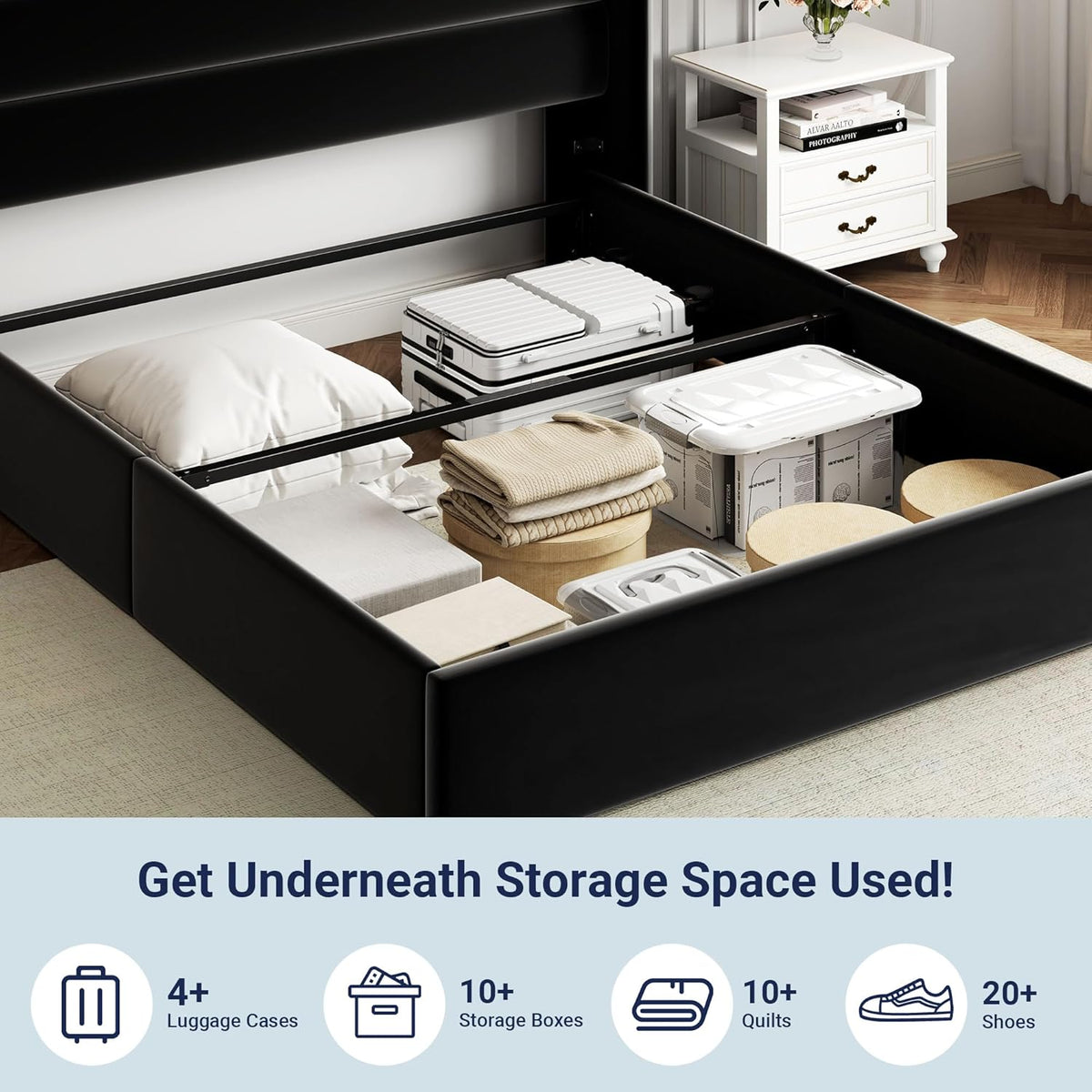 Queen Size Lift-Up Storage Bed With Wingback Headboard, Upholstered Platform Bed Frame With Hidden Storage