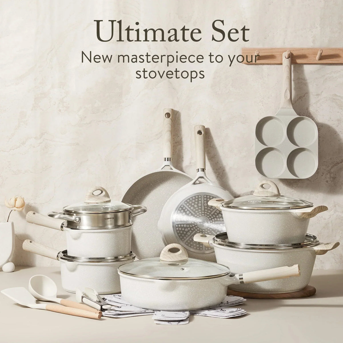 Nonstick Granite Kitchen Cookware Set, 21-Piece, Beige, Induction
