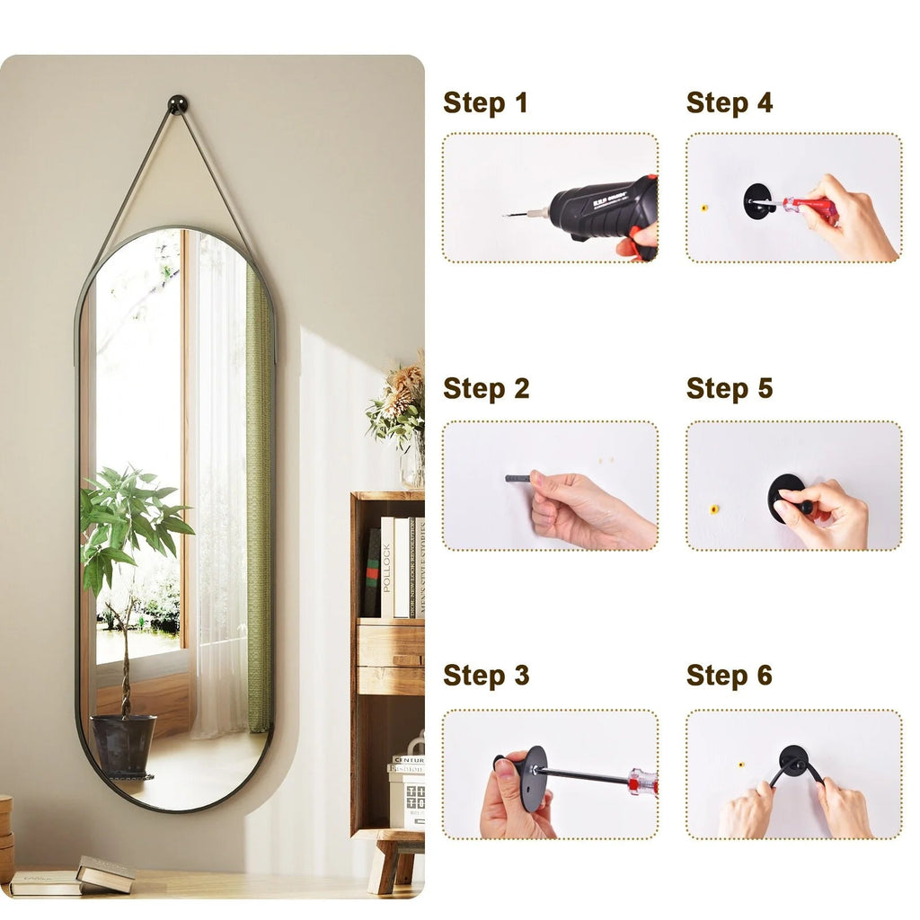 Full Length Wall Mirror, 48 x 16 Inch, Black, Leather Strap