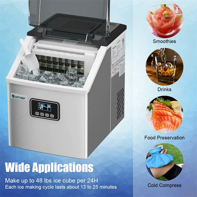 Stainless Steel Countertop Ice Maker, 48 lbs/24h, Silver, Self-Cleaning LCD Display