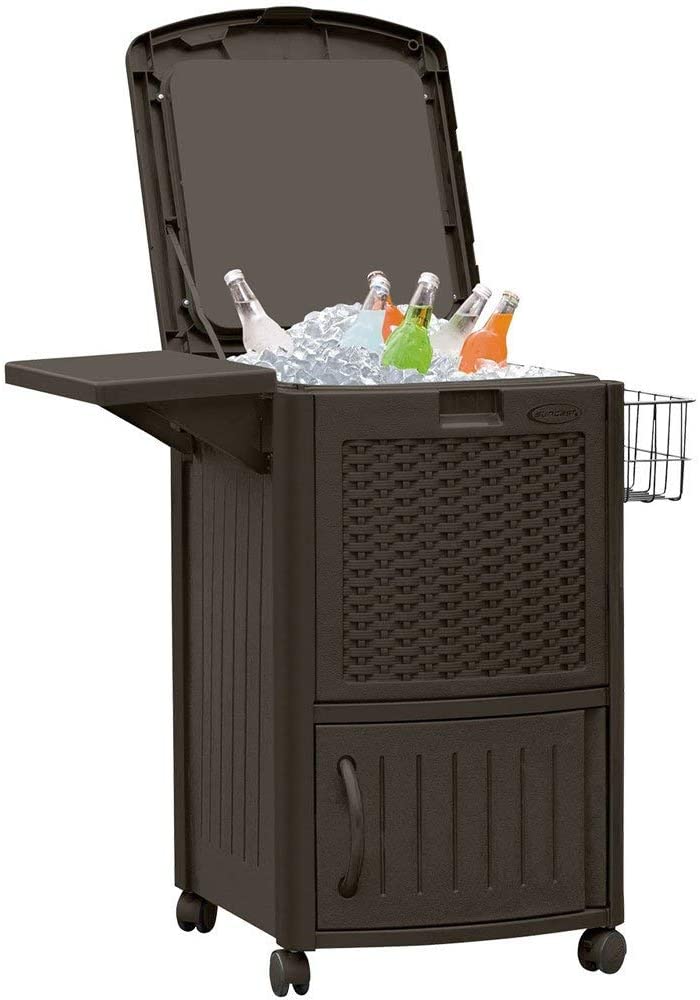 Suncast 77 Quart Resin Beverage Cart, Java, With 33 Gallon Resin Trash Can