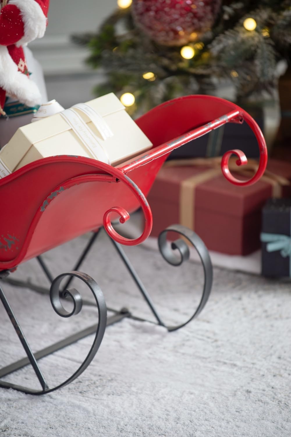 Christmas Sleigh Outdoor Decoration, Large Red Iron, 39 in - Sleigh-L