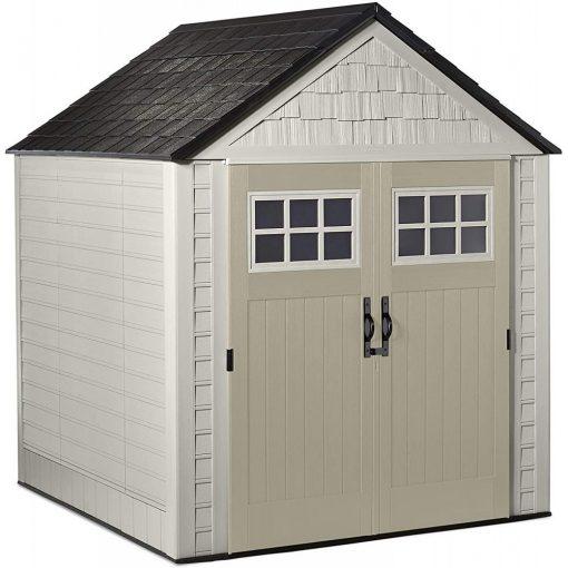 Rubbermaid Resin Outdoor Garden Storage Shed 7 x 7 ft, Sand - With Windows And Utility Hooks