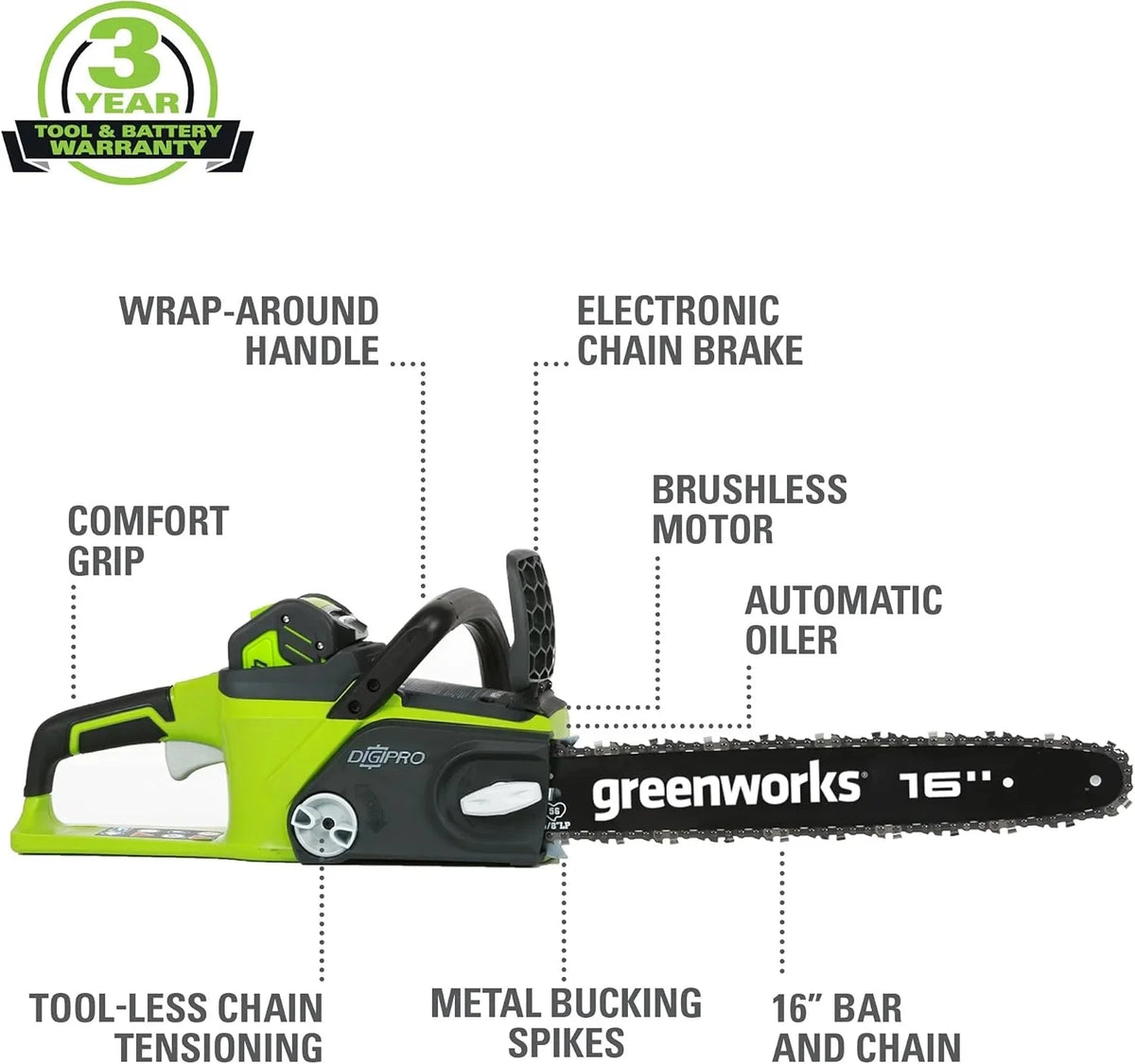 Greenworks 40V 16 inch Brushless Cordless Chainsaw With 4.0Ah Battery And Charger
