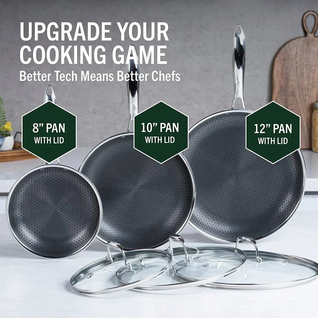 HexClad Hybrid Stainless Steel Cookware Pan Set, 6 Piece, 8 inch, 10 inch, 12 inch, Glass Lids, Black
