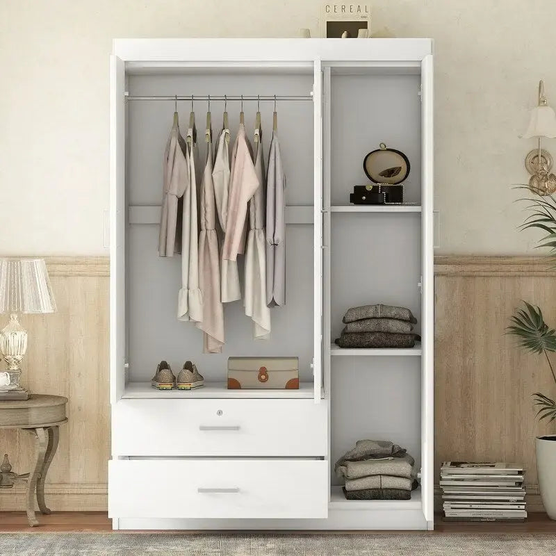 3-Door Mirror Wardrobe With Shelves And 2 Drawers - White Or Gray