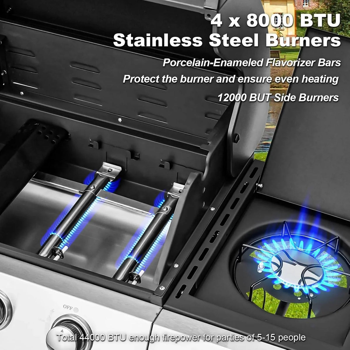 MELLCOM 4 Burner Propane Gas Grill With Cast Iron Grates And Side Stove, 44,000 BTU, Black - BBQ-4+1