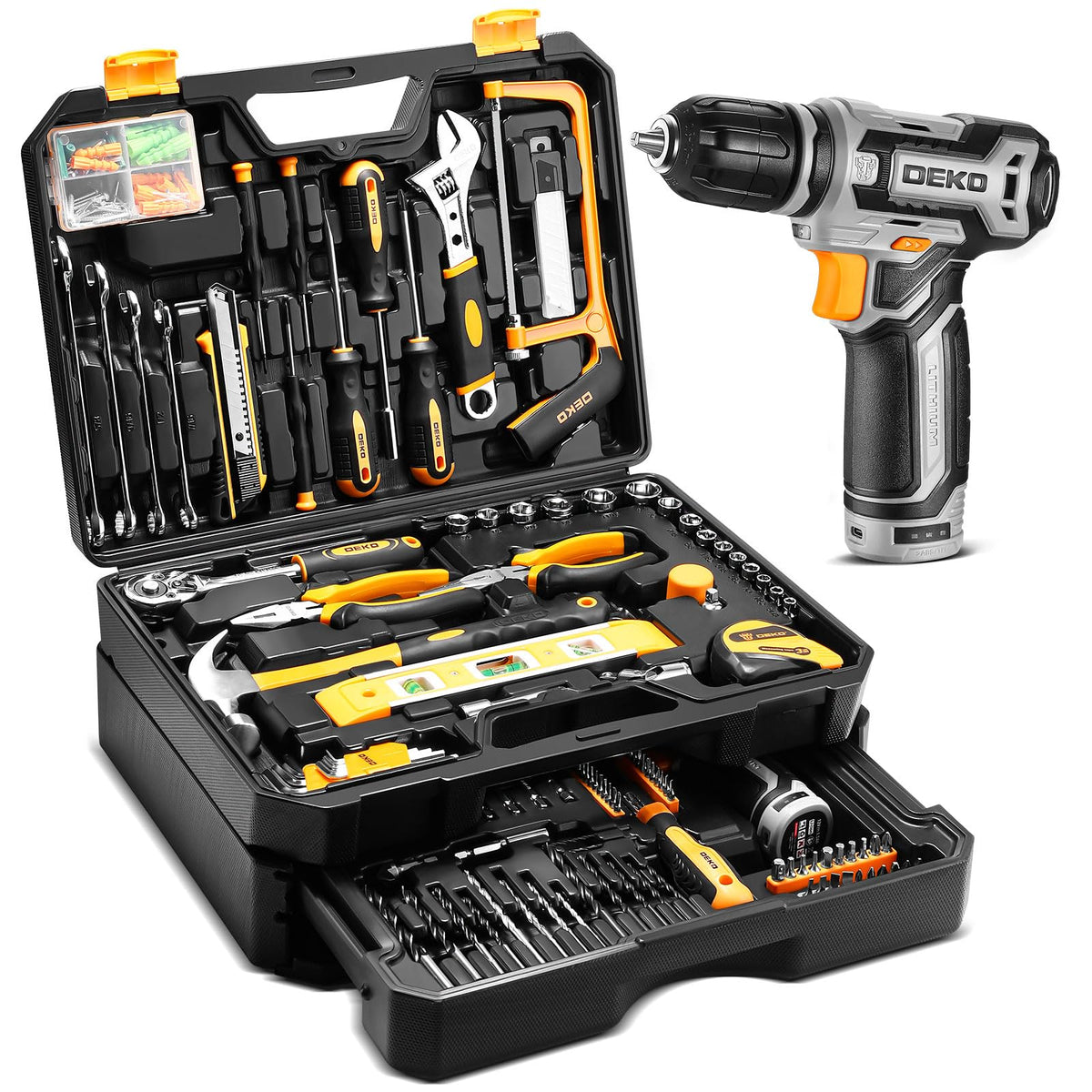 Home Mechanic Tool Kit With Toolbox, 12V Cordless Drill And 238 Pieces