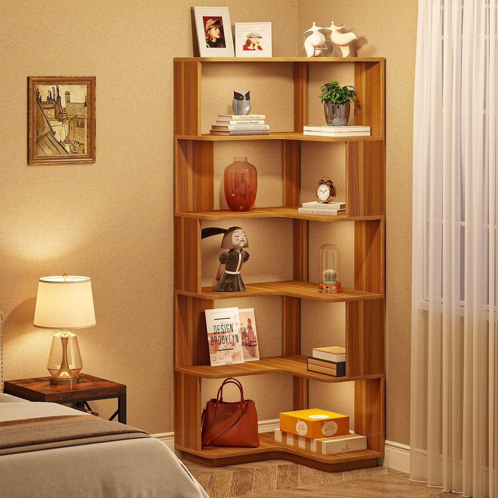 6-Tier Corner Bookshelf, 64.9 Inch Tall, Freestanding Wood Industrial Bookcase