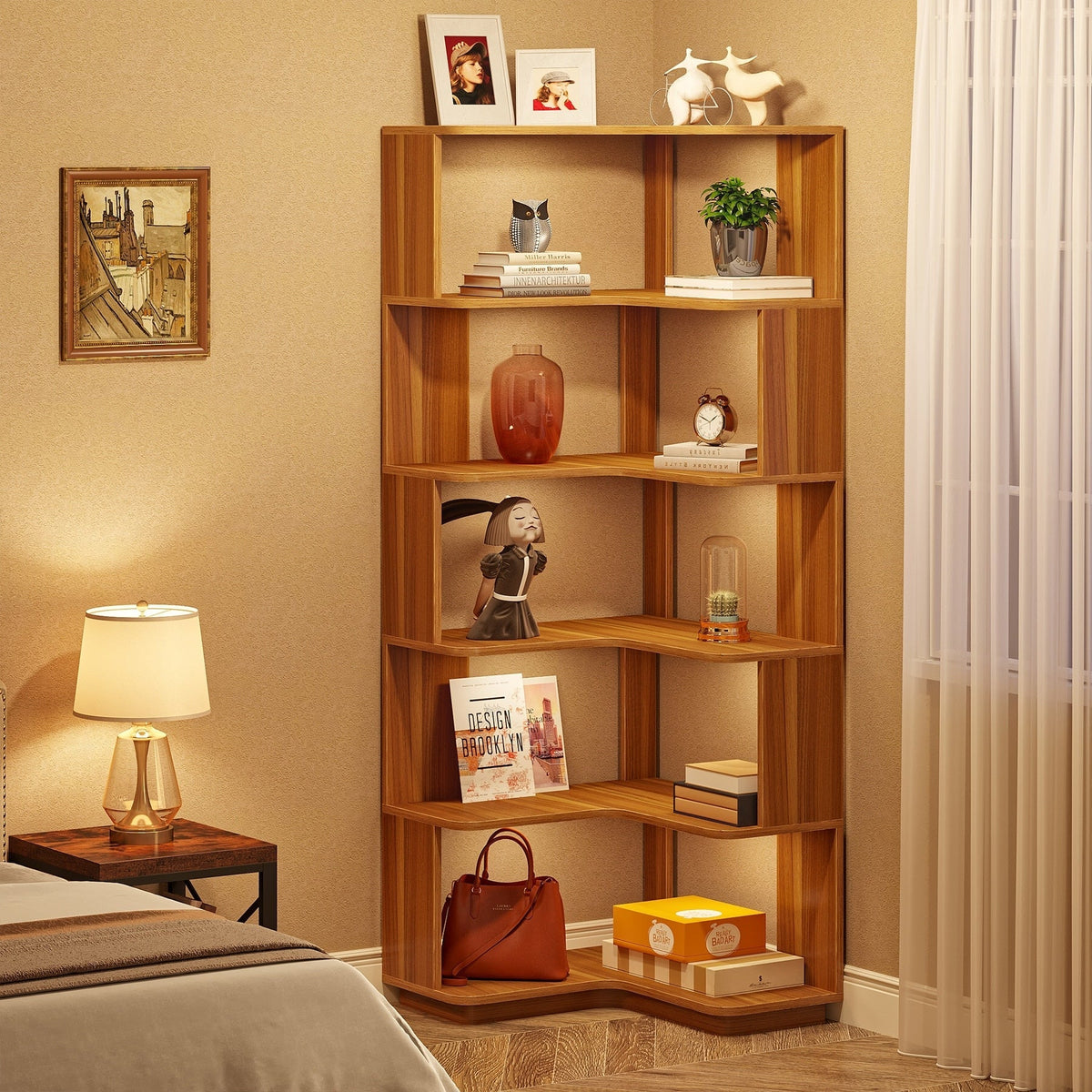 6-Tier Corner Bookshelf, 64.9 Inch Tall, Freestanding Wood Industrial Bookcase