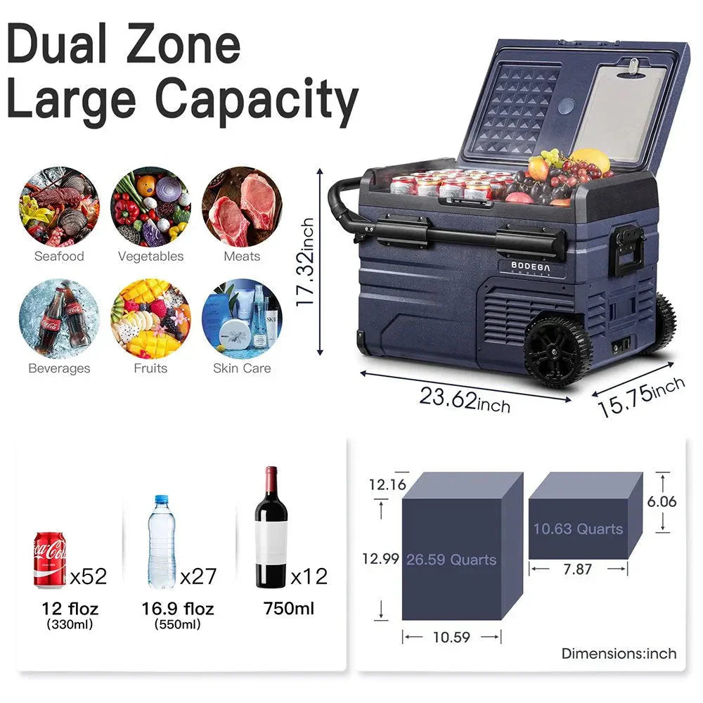 BODEGA 12 Volt 37 Qt Dual Zone Portable Car Refrigerator Freezer - Dark Blue and Black