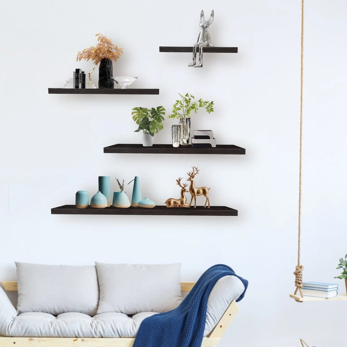 4-Piece Wood Floating Wall Shelves - White And Black