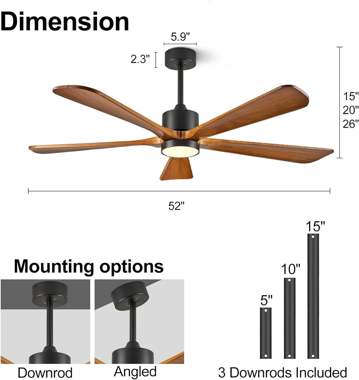 BOOSANT 60 inch Ceiling Fan With LED Light, 5 Solid Wood Blades, 6 Speeds, Deep Brown - 8727