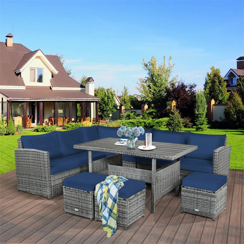 7-Piece Rattan Patio Dining Set With 3 Corner Chairs, 3 Ottomans And Table